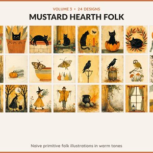 Volume 3 Mustard Hearth Folk: 24 printable Halloween art designs, naive primitive folk illustrations in warm tones