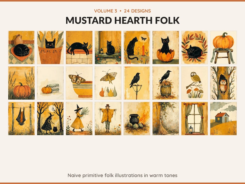 Volume 3 Mustard Hearth Folk: 24 printable Halloween art designs, naive primitive folk illustrations in warm tones