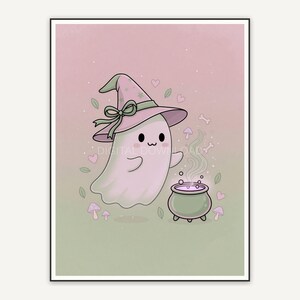 Pastel ghost in witch hat with cauldron