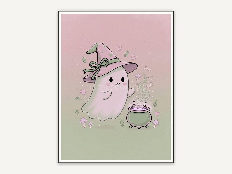 Pastel ghost in witch hat with cauldron