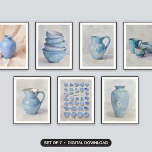Set of 7 patina blue ceramic studies printable prints shown as a gallery wall