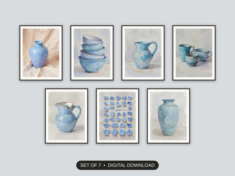 Set of 7 patina blue ceramic studies printable prints shown as a gallery wall