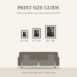 Print size guide showing 8x10, 11x14, and 16x20 framed prints at true scale beside a sofa