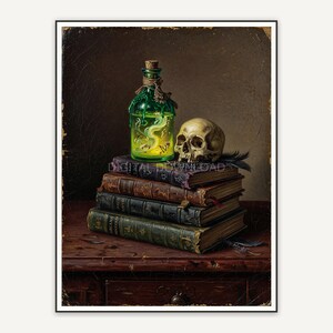 Leather books and glowing potion on antique desk, gothic oil painting