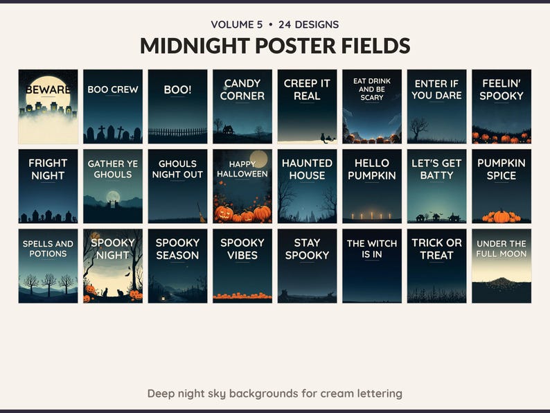 Volume 5 Midnight Poster Fields: 24 printable Halloween art designs, deep night sky backgrounds for cream lettering