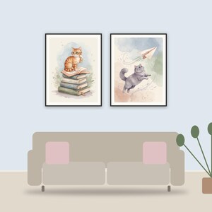 playful animal illustrations printable art framed above a sofa in a styled living room