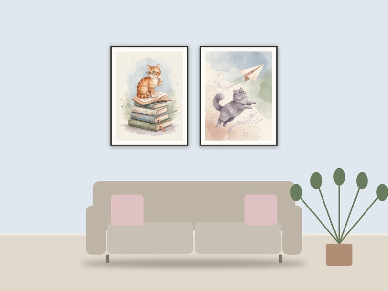 playful animal illustrations printable art framed above a sofa in a styled living room