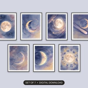 Set of 7 celestial printable prints shown as a gallery wall