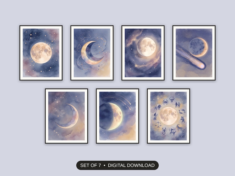 Set of 7 celestial printable prints shown as a gallery wall