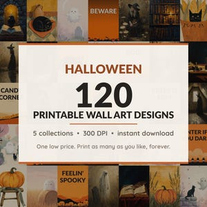 Halloween printable wall art mega bundle with 120 art prints in 5 collections: Crackled Portrait Oils, Shadowed Library Scenes, Mustard Hearth Folk, Blush Ghost Companions, Diner Night Fields