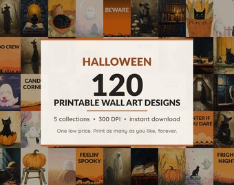 May include: A digital collection of 120 printable Halloween wall art designs featuring illustrations of ghosts, black cats, witches, pumpkins, and spooky landscapes with text overlays including BEWARE, BOO CREW, and FRIGHT NIGHT.