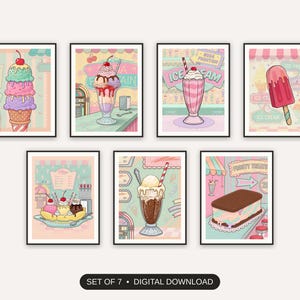 Set of 7 vintage americana dessert illustrations printable prints shown as a gallery wall