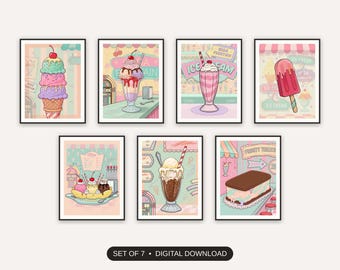 Retro Ice Cream Parlor Prints Set of 7 | Nostalgic Summer Dessert Art | Labor Day Kitchen Decor Digital Download