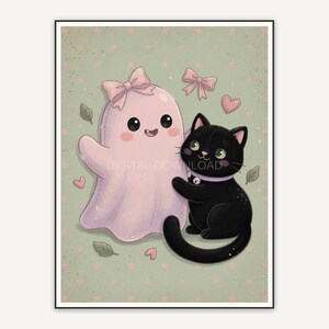 Ghost and black cat pair in whimsical spooky style