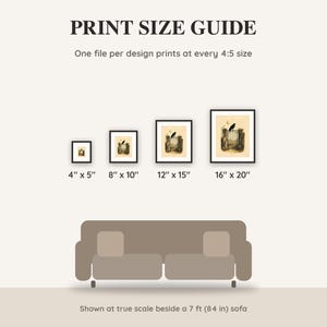 Print size guide showing 4x5, 8x10, 12x15 and 16x20 inch Halloween prints at true scale beside a sofa