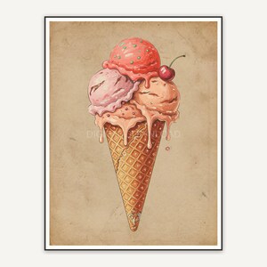 Faded vintage ice cream cone print in warm beige tones