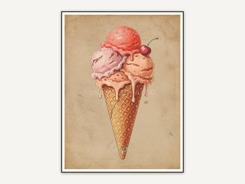 Faded vintage ice cream cone print in warm beige tones