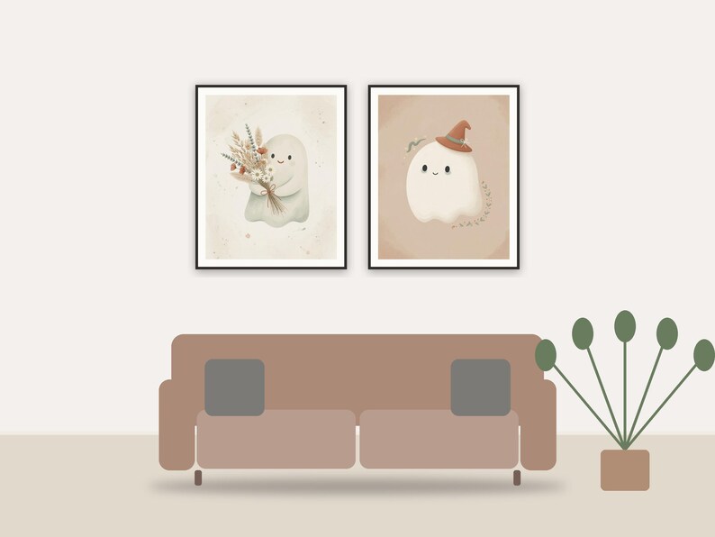 Cute boho ghost printable art framed above a sofa in a styled living room