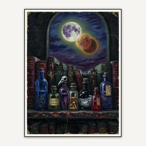 Twin moons above potion bottles on shelf