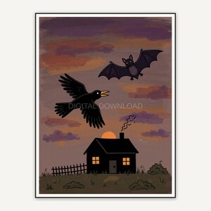 Crow and bat over farmhouse at dusk