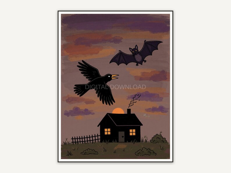 Crow and bat over farmhouse at dusk