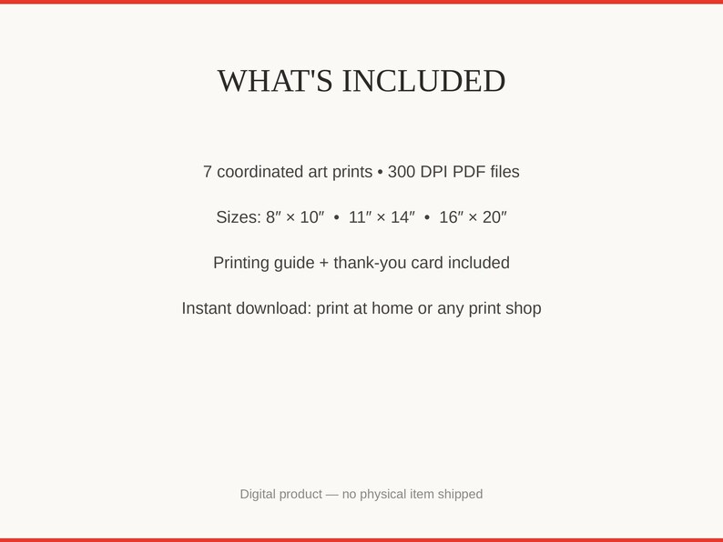 What's included: 7 art prints as 300 DPI PDFs in three sizes plus printing guide and thank-you card