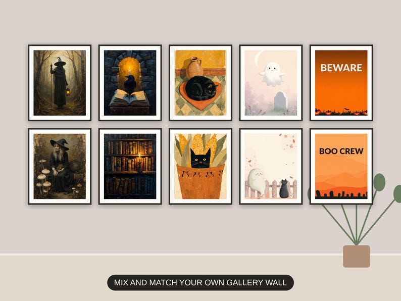 Ten Halloween prints from the bundle framed together as a gallery wall above a console table