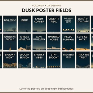 Volume 5 Dusk Poster Fields: 24 printable Halloween art designs, lettering posters on deep night backgrounds