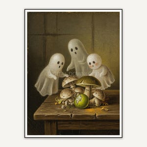 Vintage oil painting of three small ghosts around mushrooms on a table