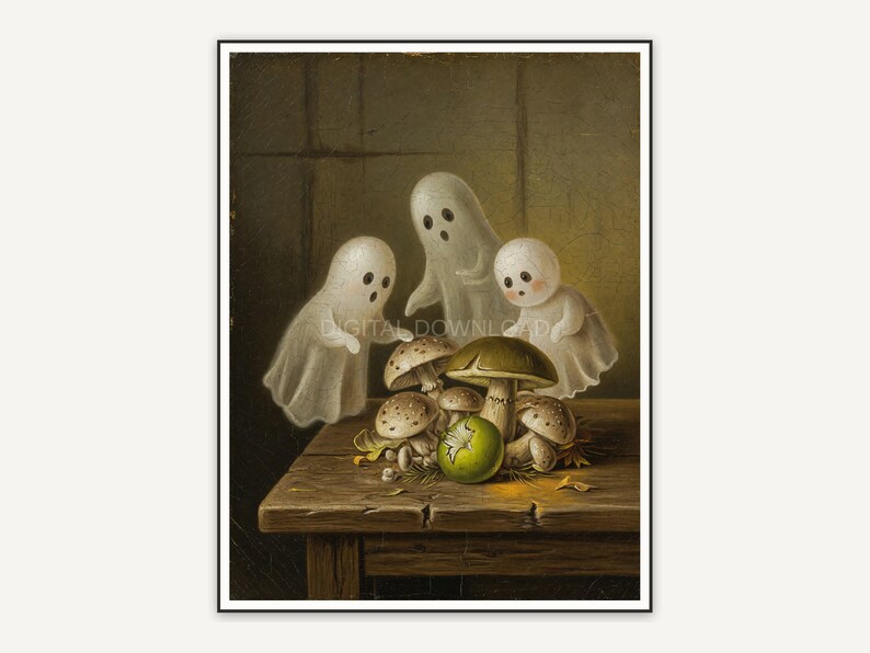 Vintage oil painting of three small ghosts around mushrooms on a table