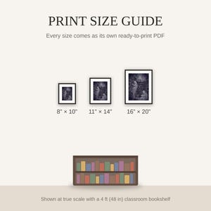 Print size guide showing 8x10, 11x14, and 16x20 framed prints at true scale beside a classroom bookshelf
