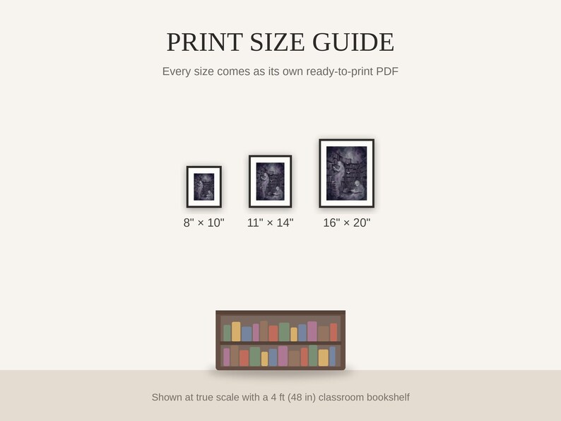 Print size guide showing 8x10, 11x14, and 16x20 framed prints at true scale beside a classroom bookshelf
