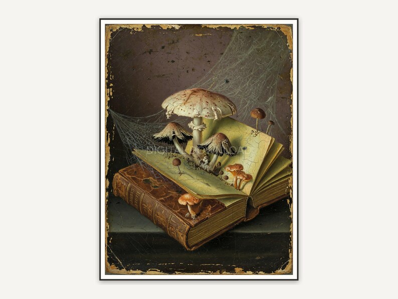 Vintage oil painting of mushrooms on antique book
