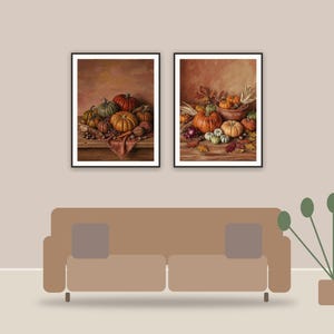 rustic pumpkin still life printable art framed above a sofa in a styled living room