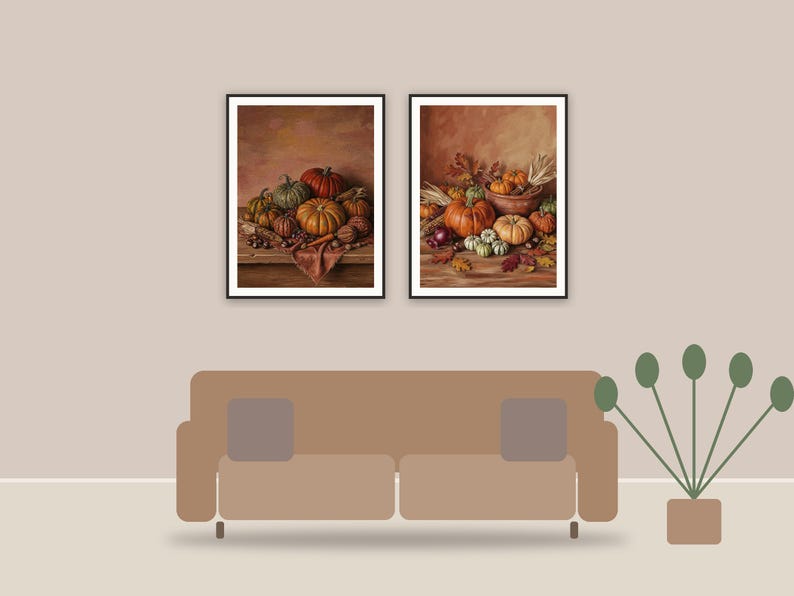 rustic pumpkin still life printable art framed above a sofa in a styled living room