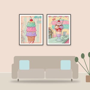 vintage americana dessert illustrations printable art framed above a sofa in a styled living room