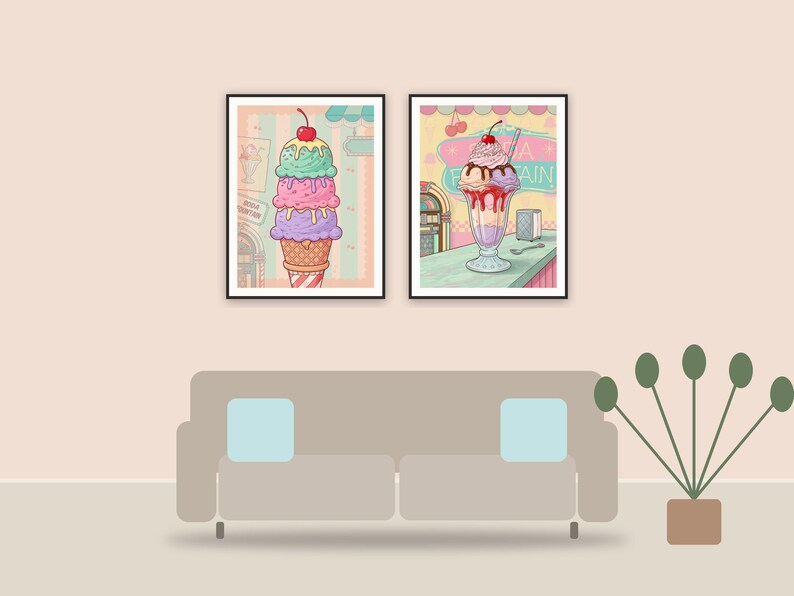 vintage americana dessert illustrations printable art framed above a sofa in a styled living room