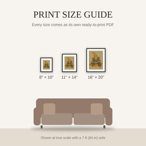 Print size guide showing 8x10, 11x14, and 16x20 framed prints at true scale beside a sofa
