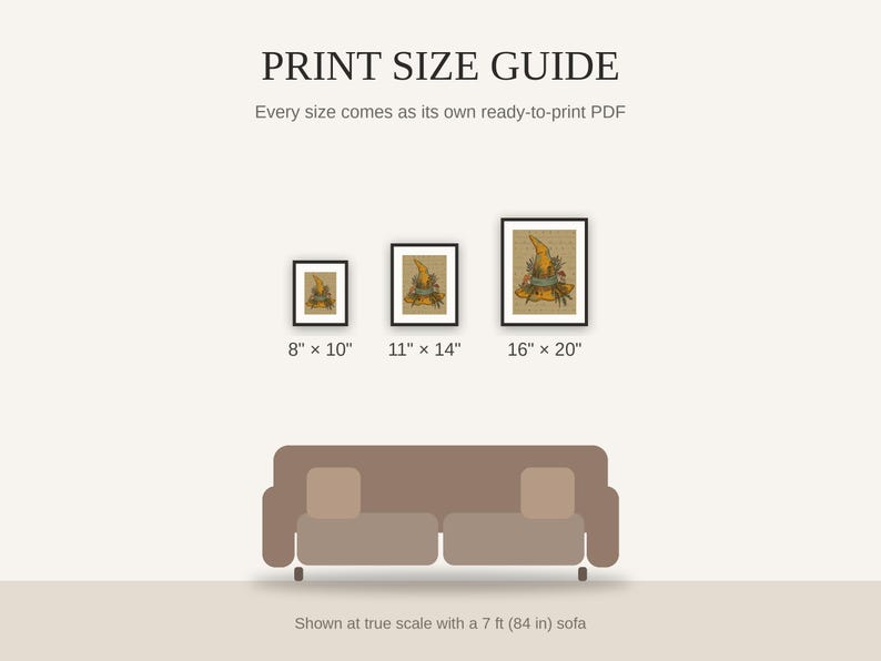 Print size guide showing 8x10, 11x14, and 16x20 framed prints at true scale beside a sofa