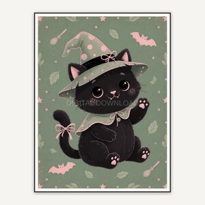 Rounded black cat wearing witch hat in soft pastel tones