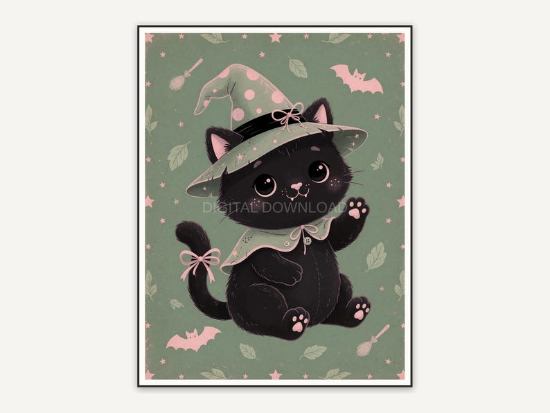Rounded black cat wearing witch hat in soft pastel tones