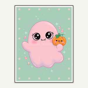 Rounded friendly ghost with tiny pumpkin in soft pastels