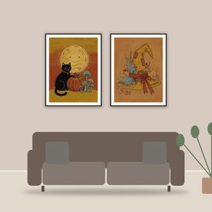 halloween decor and spooky season wall art printable art framed above a sofa in a styled living room