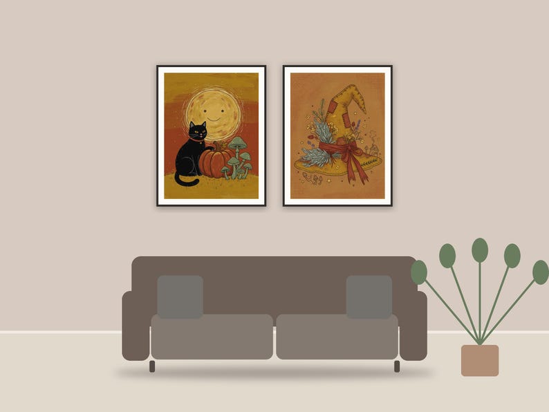halloween decor and spooky season wall art printable art framed above a sofa in a styled living room