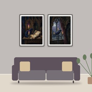 gothic dark academia halloween printable art framed above a sofa in a styled living room
