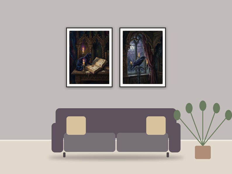gothic dark academia halloween printable art framed above a sofa in a styled living room