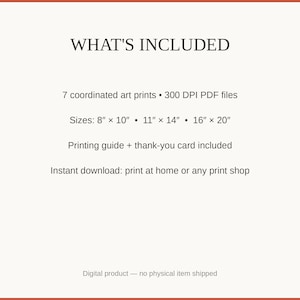 What's included: 7 art prints as 300 DPI PDFs in three sizes plus printing guide and thank-you card