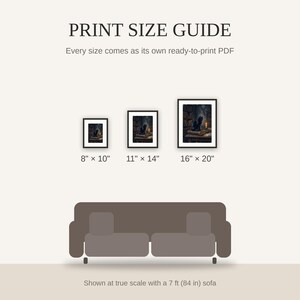 Print size guide showing 8x10, 11x14, and 16x20 framed prints at true scale beside a sofa