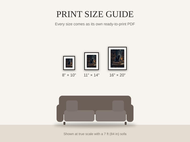 Print size guide showing 8x10, 11x14, and 16x20 framed prints at true scale beside a sofa