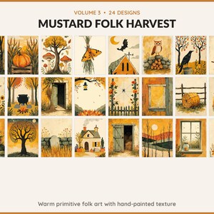 Volume 3 Mustard Folk Harvest: 24 printable Halloween art designs, warm primitive folk art with hand-painted texture